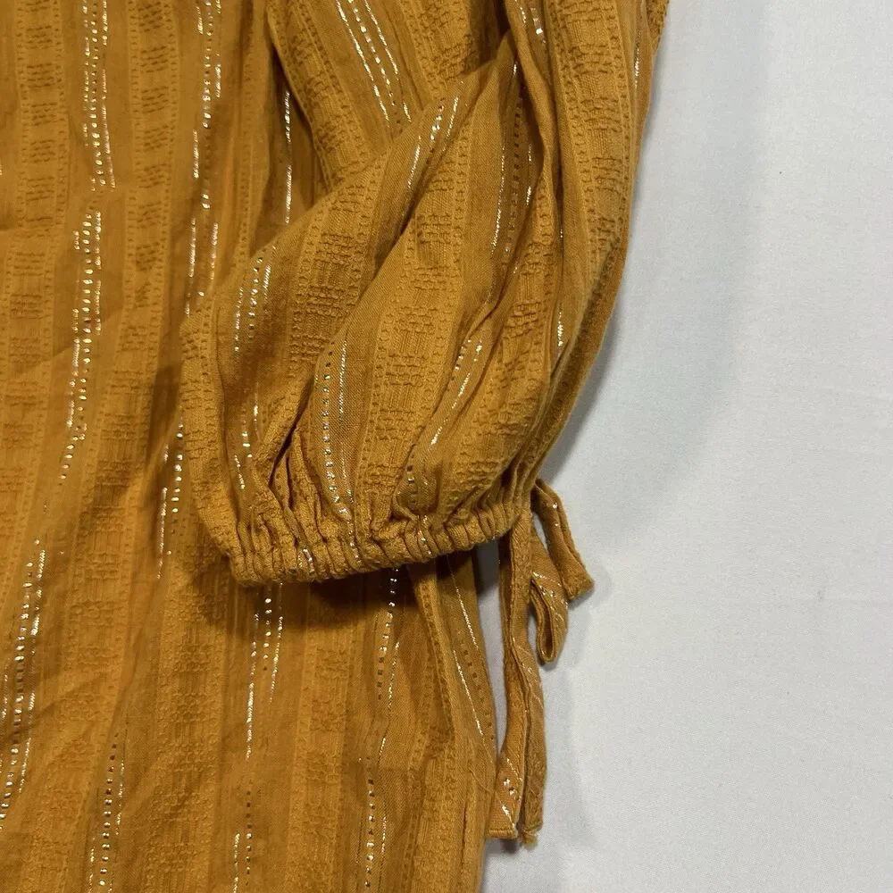 LC Lauren Conrad Metallic Stripe Square Neck Peasant Blouse Top Mustard M Cotton - Picture 3 of 9